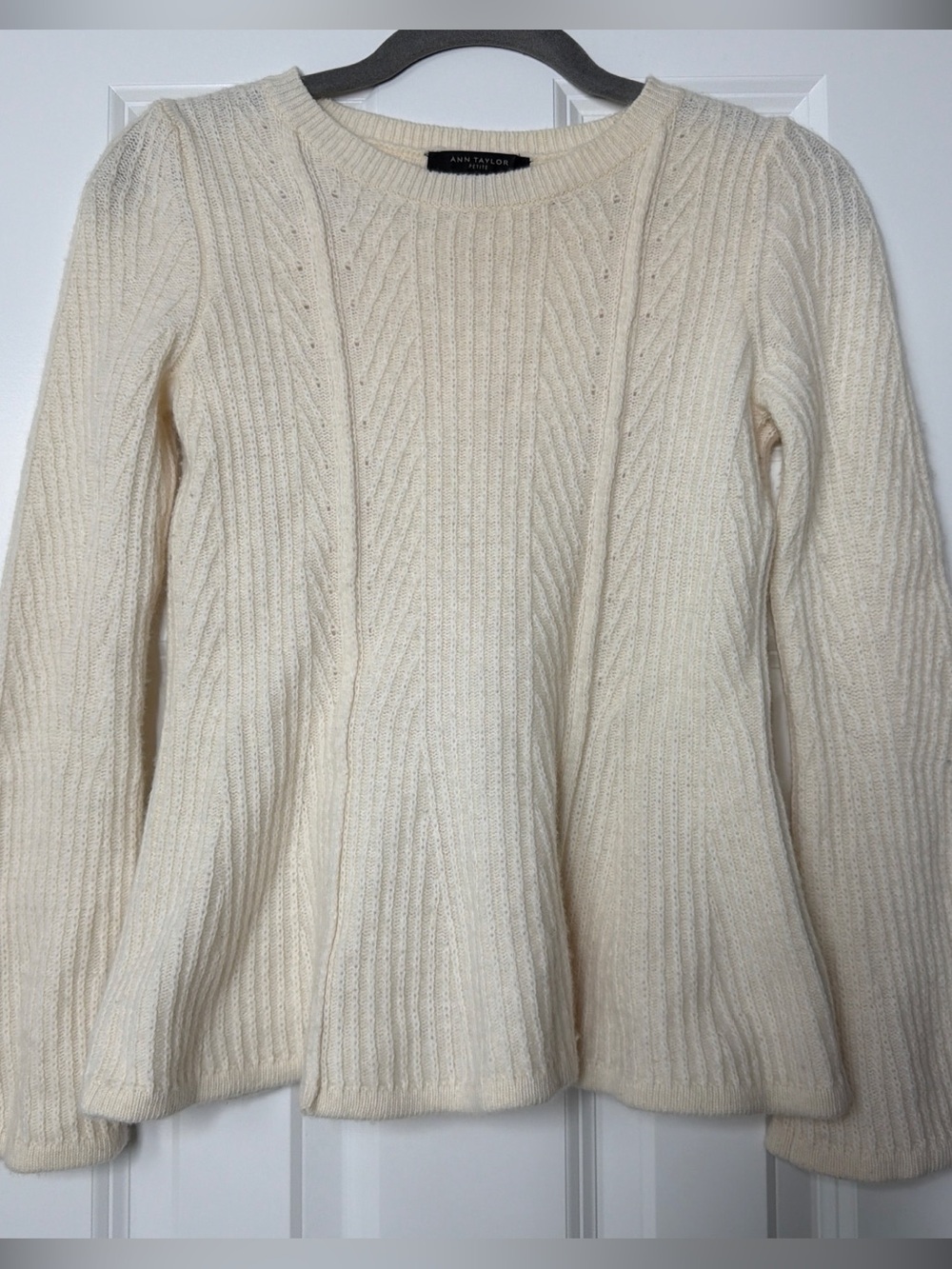 Ann Taylor Cream Cable Knit Wool Blend Flared-Hem Crew Sweater